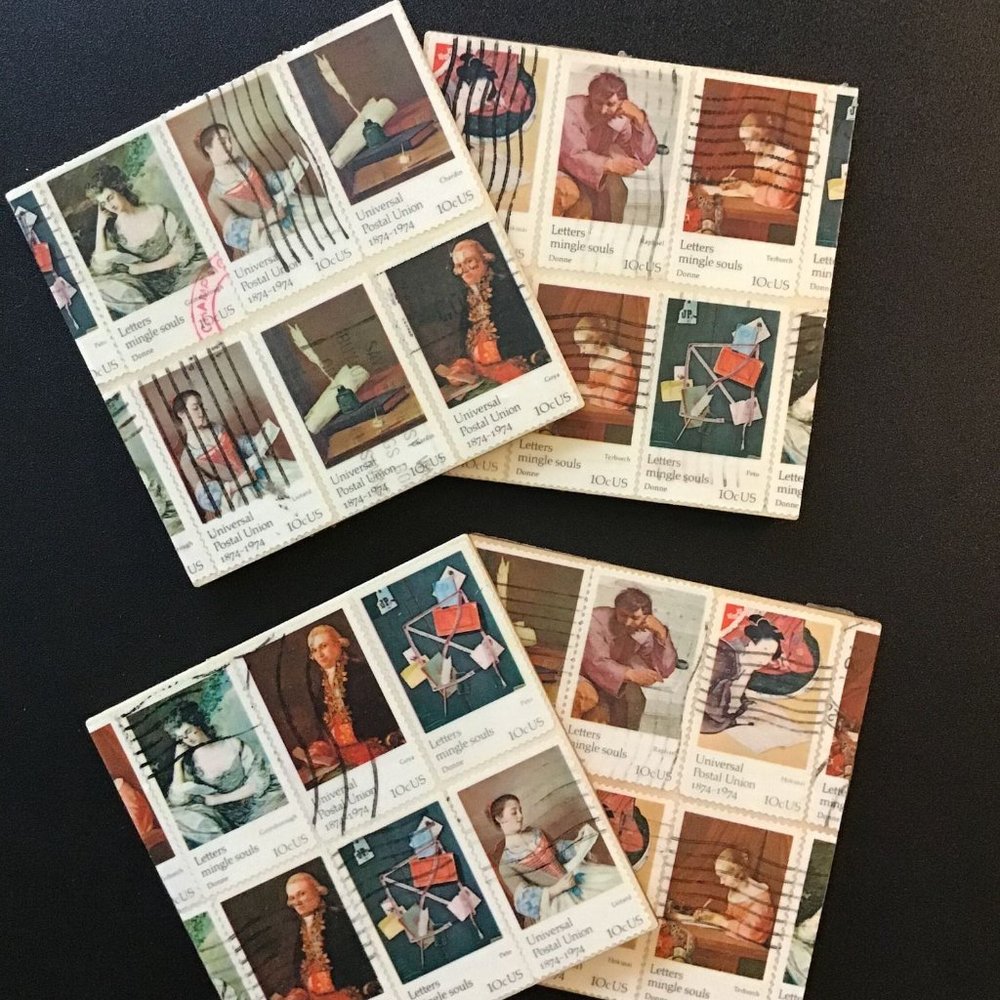 Art Coasters, 4 pack, Real Postage Stamp Wood Coaster Set with Cork Backing